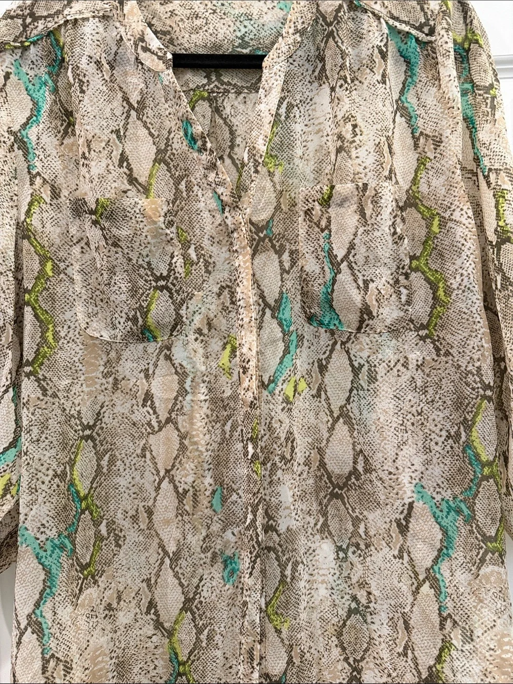 Covington Neutral Snake Print Blouse with Teal and Lime Accents